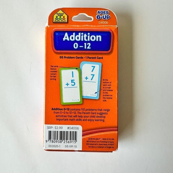 School Zone Addition 0-12 Flash Cards Ages 6 and Up Elementary Math Common Core - Picture 2 of 5
